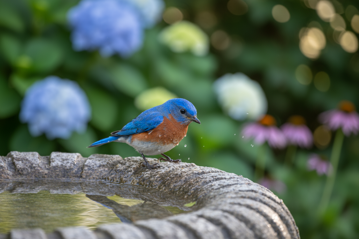 A bluebird in a birdbath